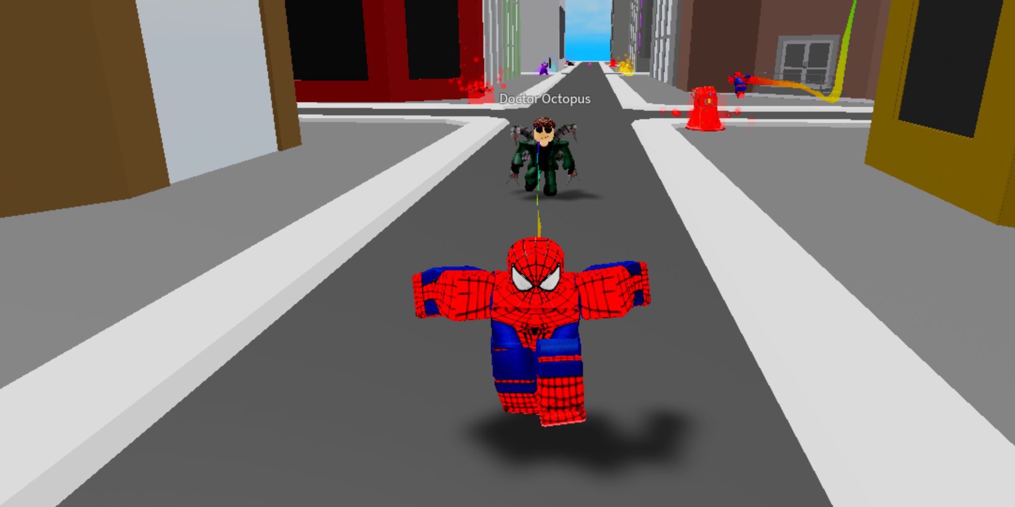 Spider-Man running away from Doctor Octopus in the middle of the streets