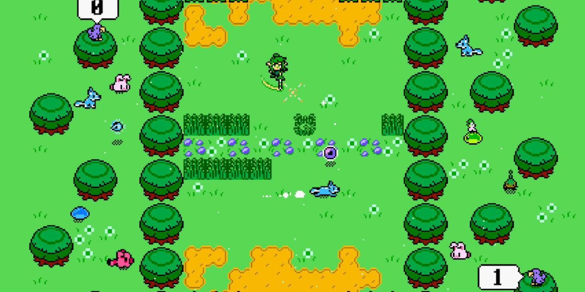 A green character throws a ball towards a blue dog in the woods in SpiritSphere DX