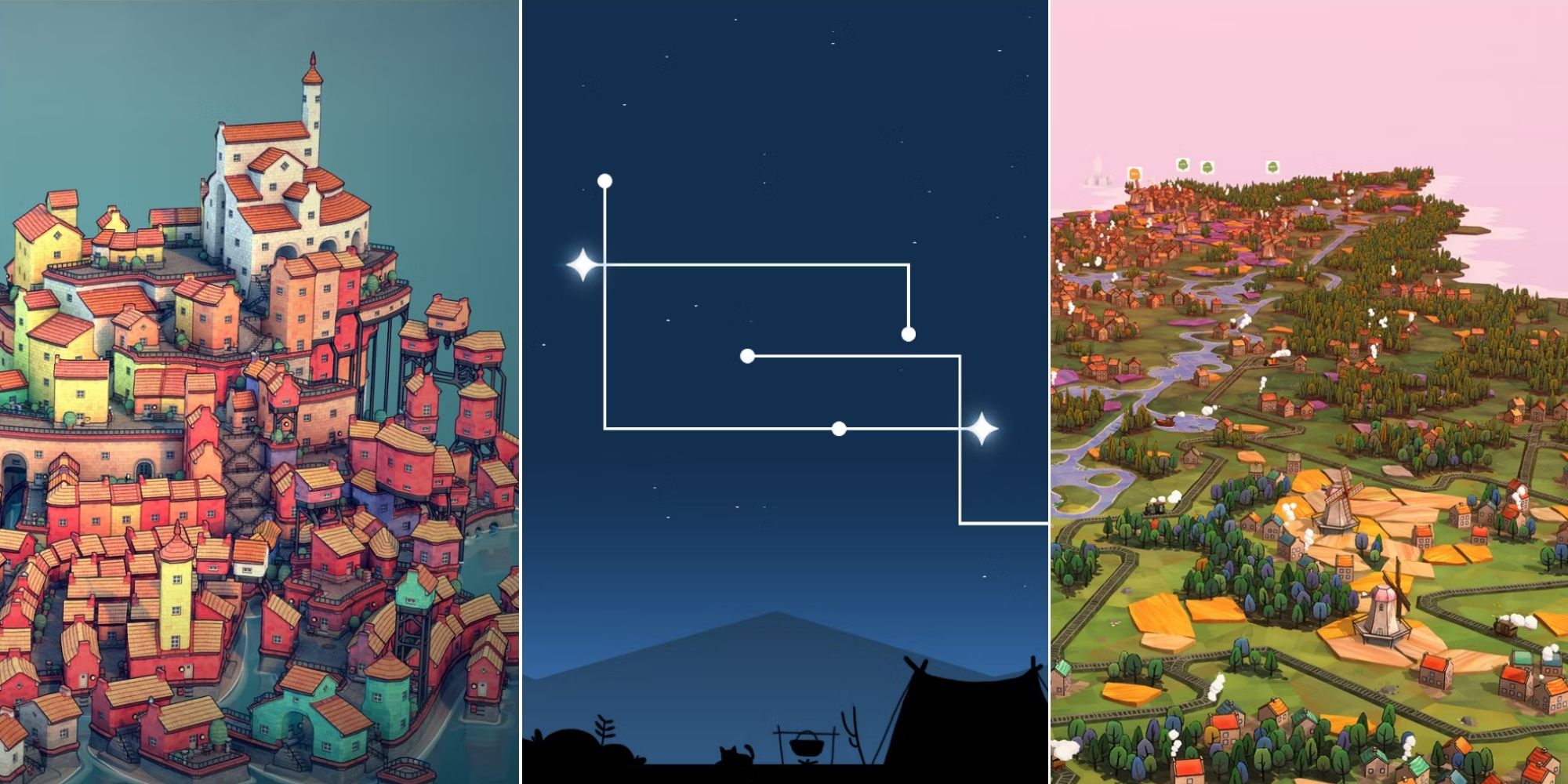 Split image of Townscaper, CATch The Stars, and Dorfromantik