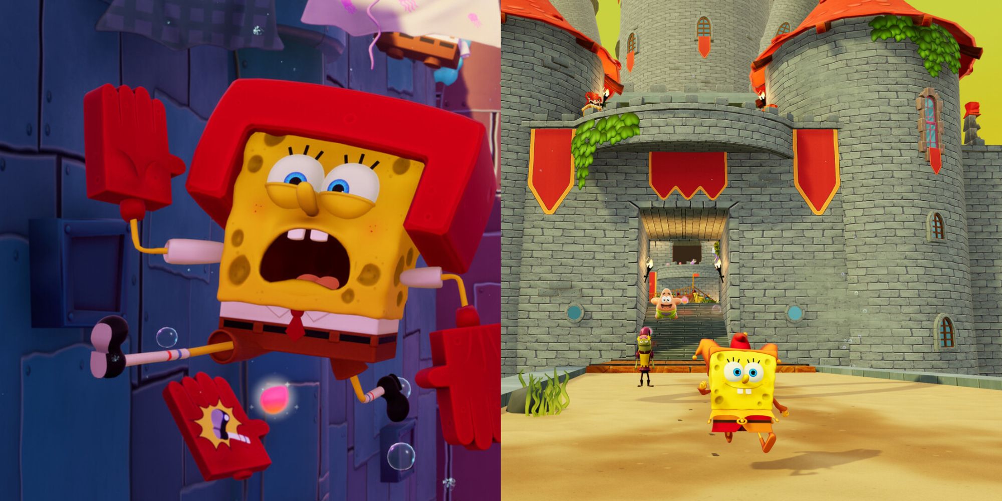 SpongeBob Cosmic Shake Beginner Tips Featured Split Image Of SpongeBob Karate Kicking and Running Out Of Castle