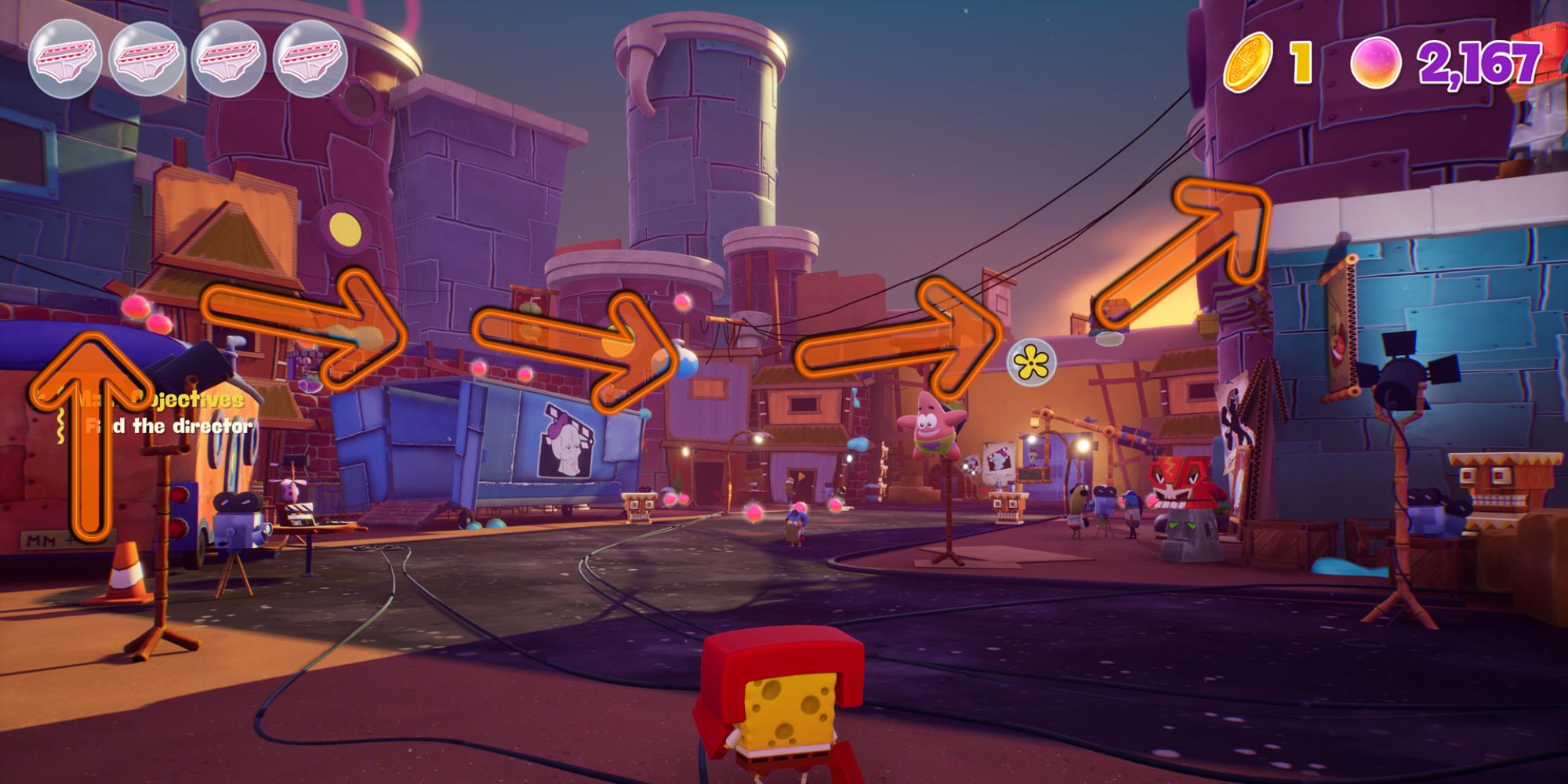 SpongeBob Cosmic Shake Screenshot Of Arrows Showing Karate Downtown Route To Spot Hiding Spot