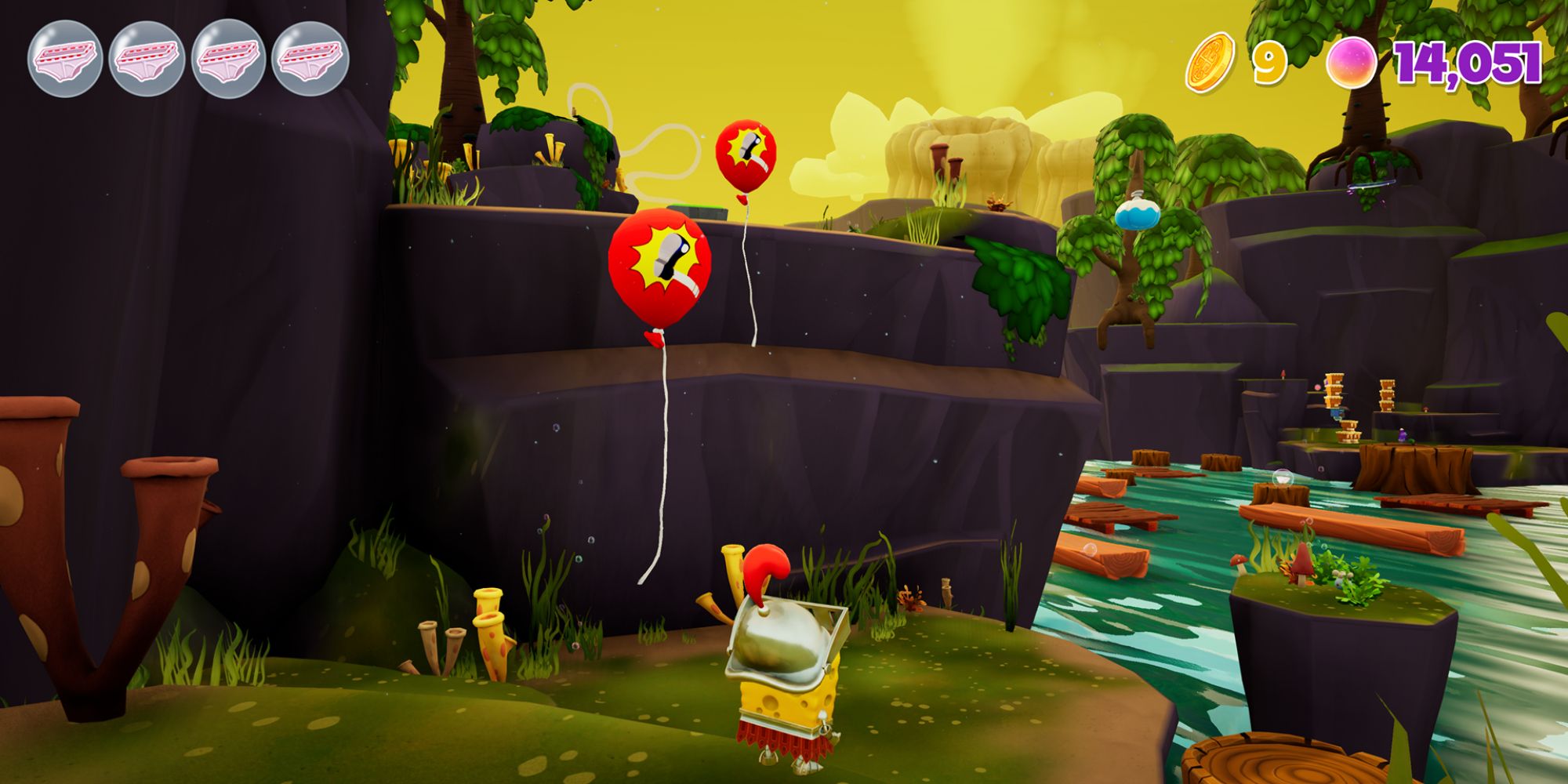 SpongeBob Cosmic Shake Screenshot  Karate Kicks Balloons Up To Cliff Next To River