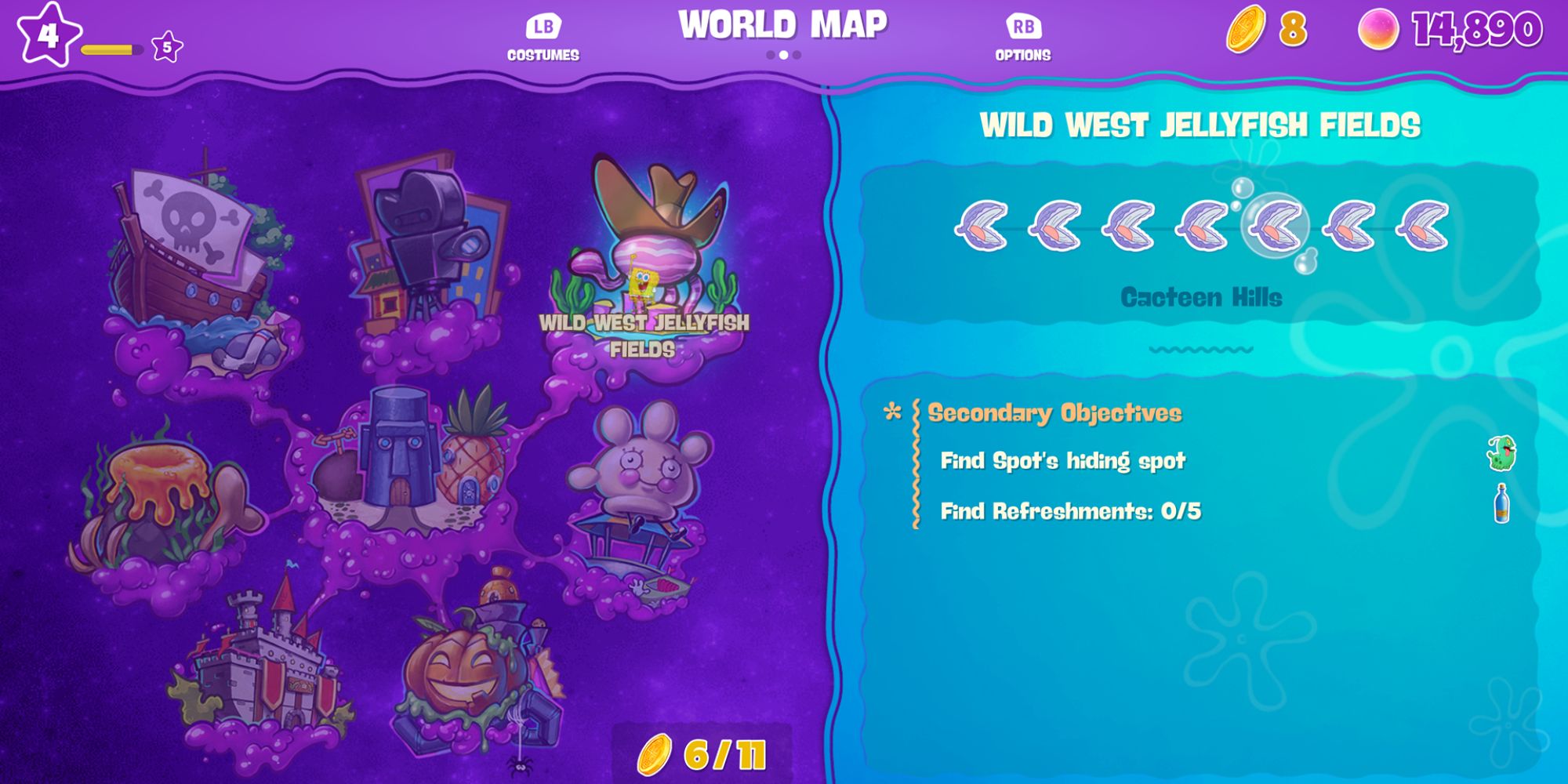 SpongeBob Cosmic Shake Screenshot Of Wild West Jellyfish Fields Checkpoints With Cacteen Hills Highlighted