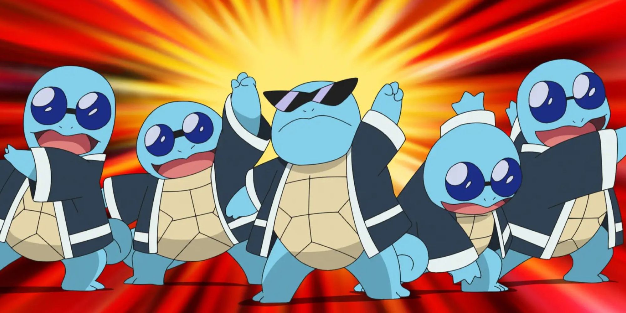 Five Squirtles wearing jackets and sunglasses