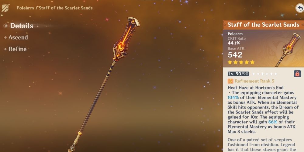 Staff of the Scarlet Sands polearm and its description in Genshin Impact
