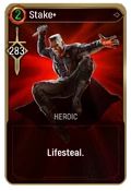 Blade pounces with a wooden stake in his hand on the golden Stake + card from Marvel's Midnight Suns.