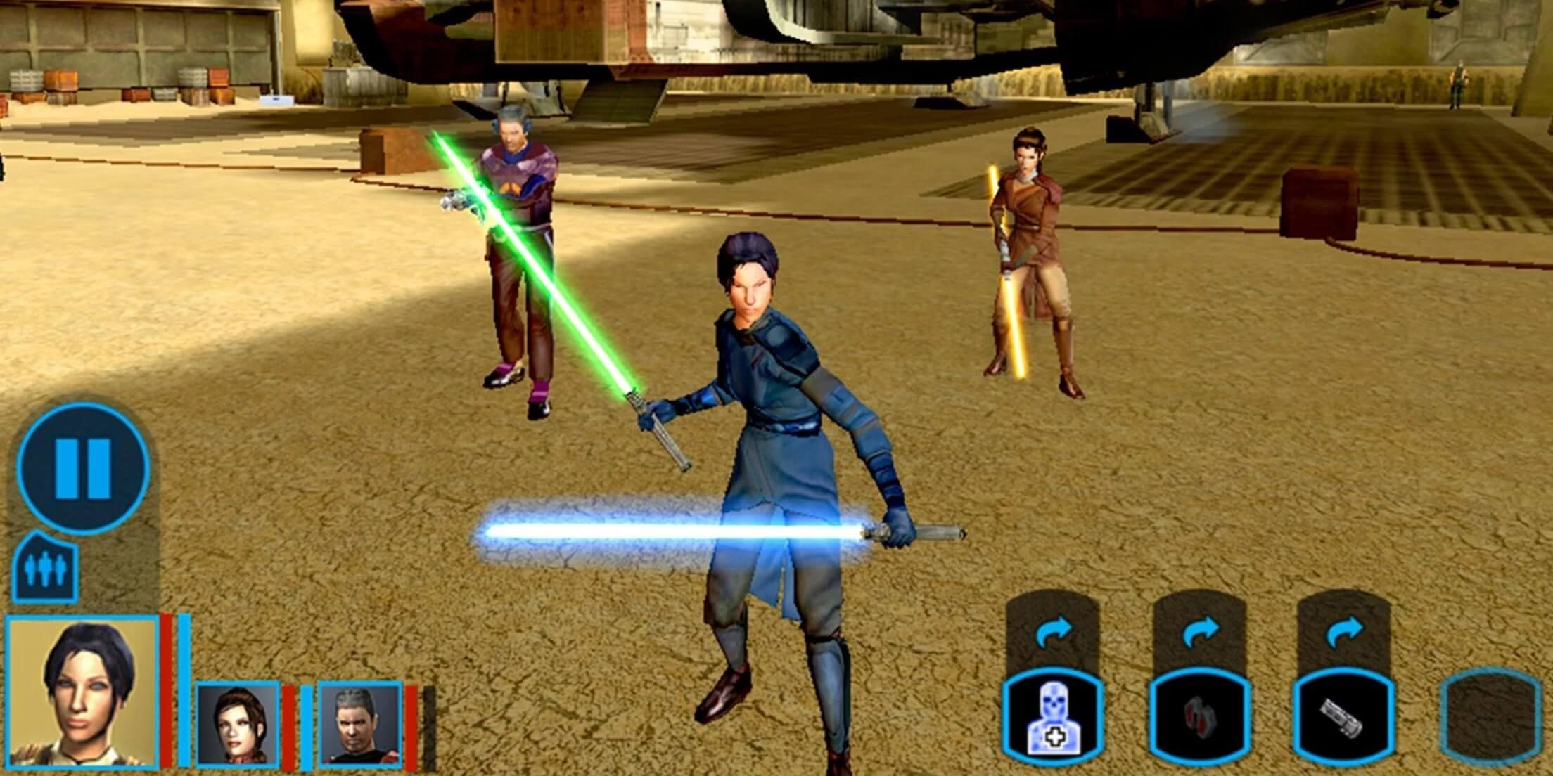 The main character holds light sabers in Star Wars: Knights of the Old Republic.