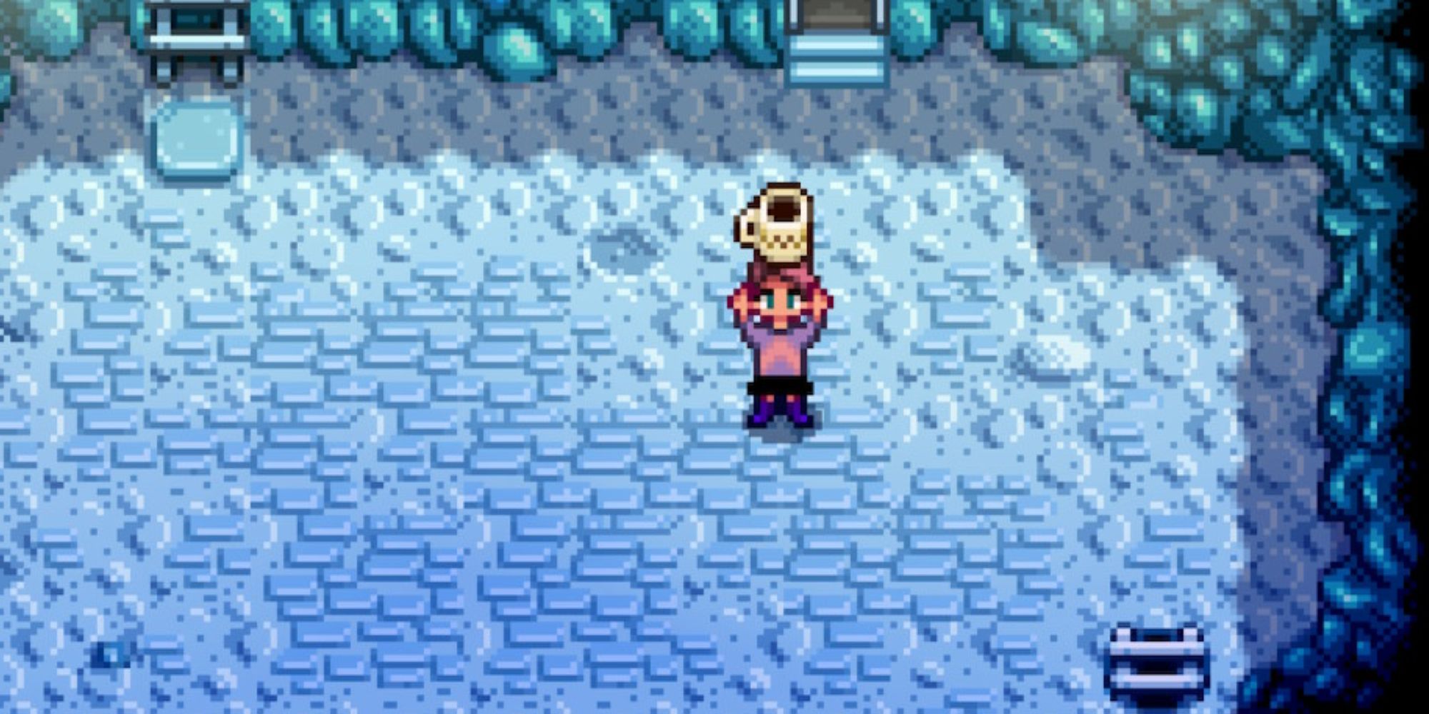 Stardew Valley character holding coffee in the mines