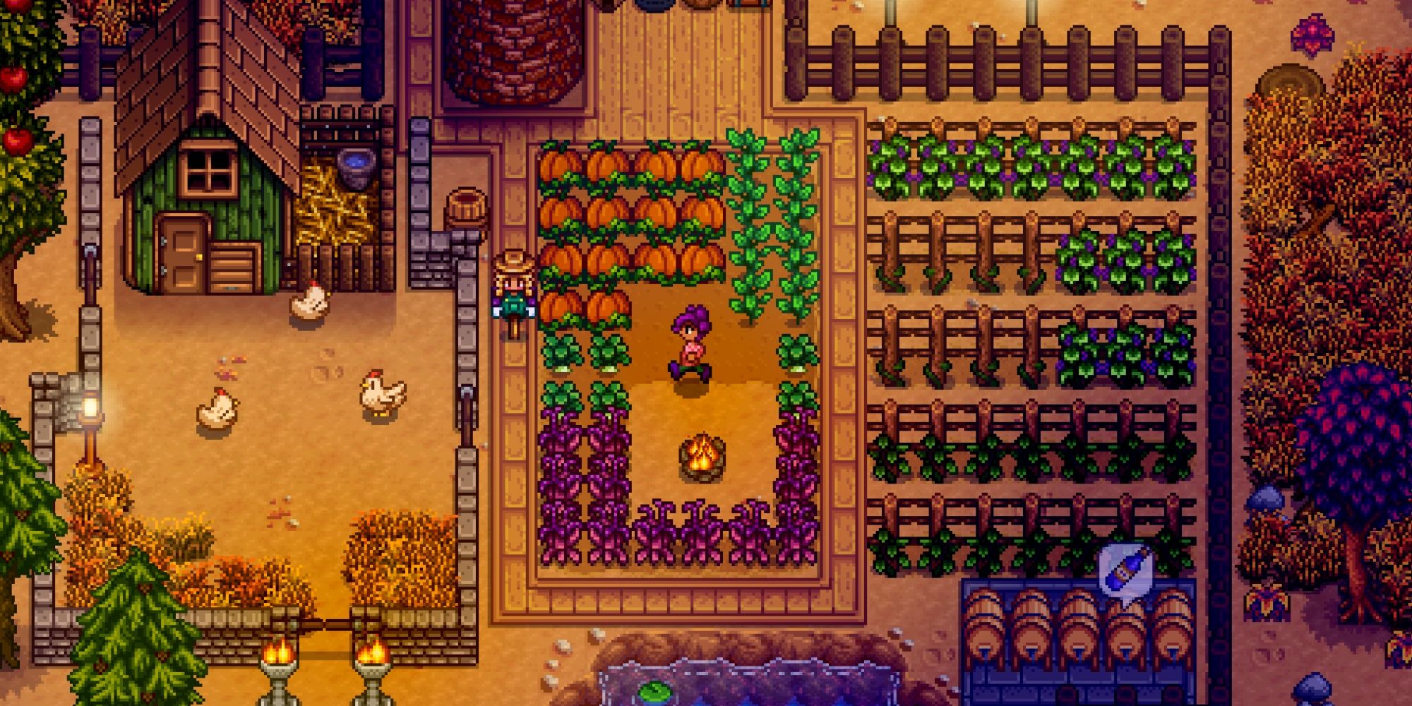 A player is running through their farm, while some chickens sit nearby