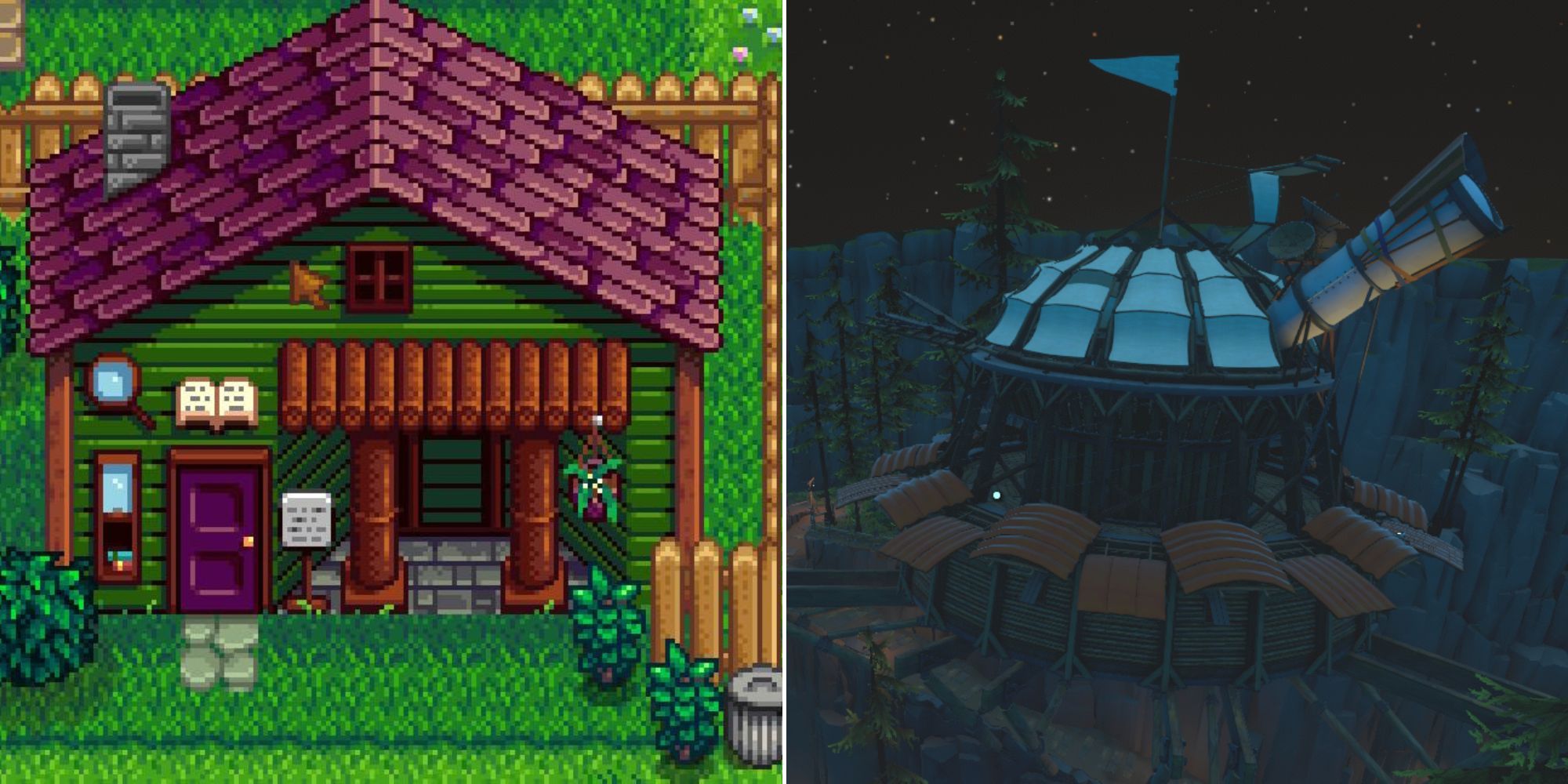 Split image showing the exterior of the Stardew Valley Museum and the exterior of the Observatoru in Outer Wilds