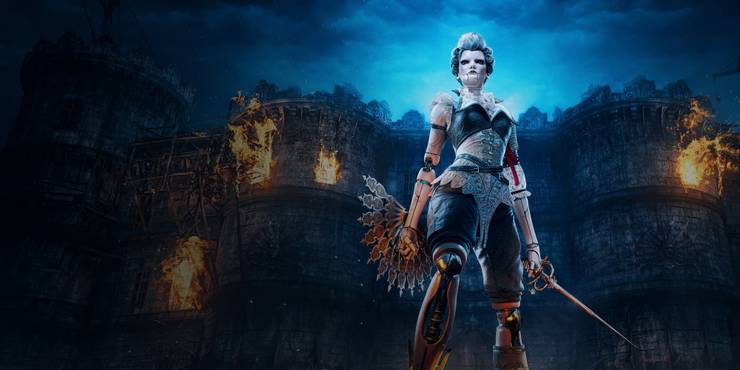 Aegis of Steelrising stands tall with a short sword and a metal fan-type blade attached to the back of her wrist.