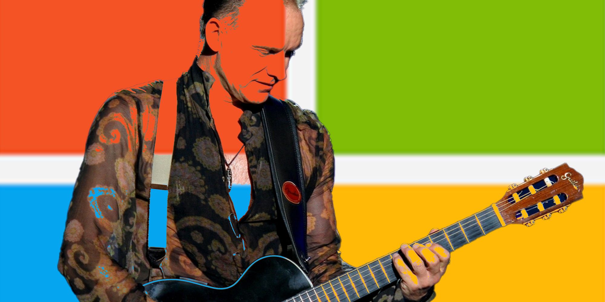 The musician Sting in front of the Microsoft logo