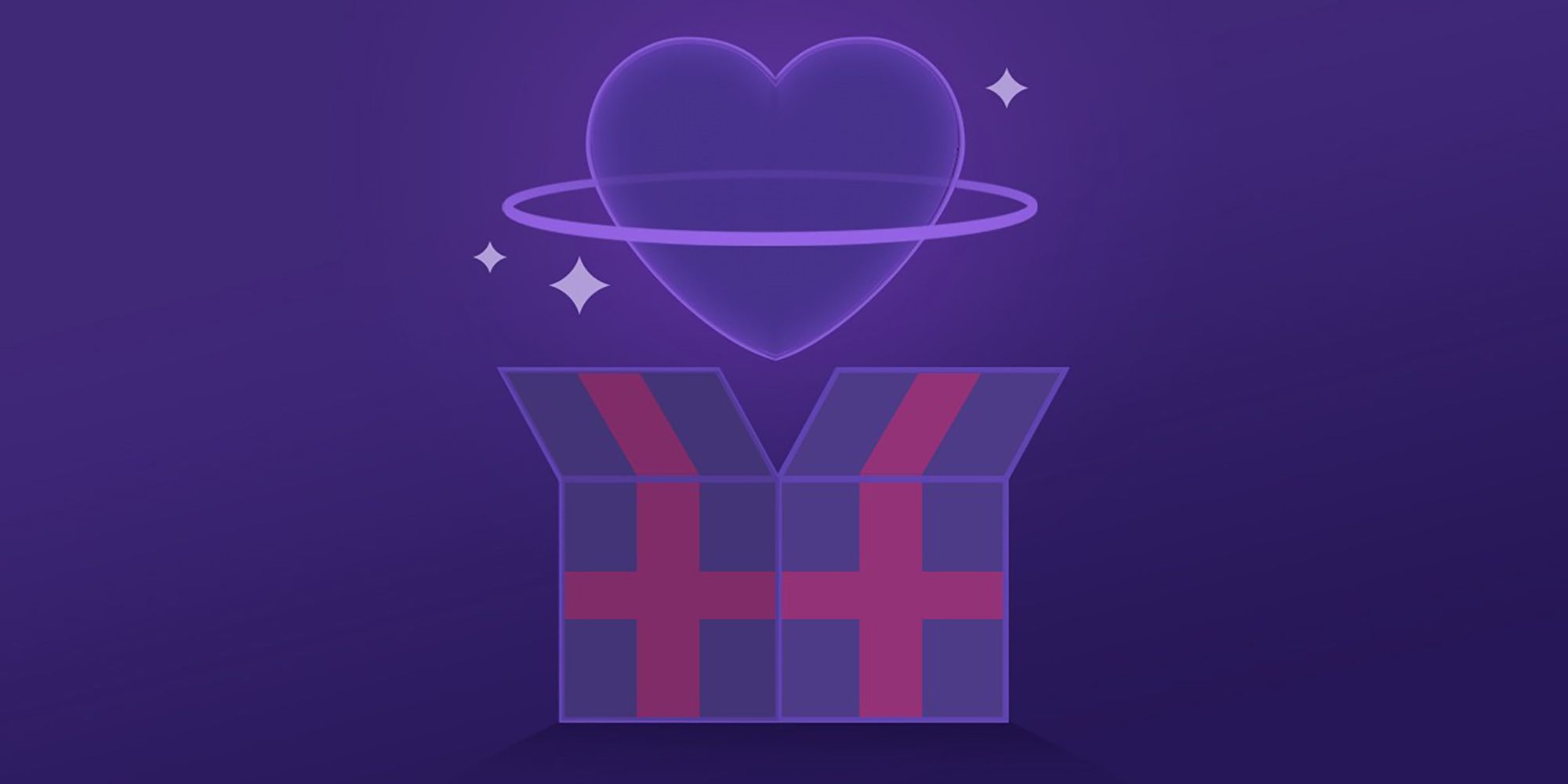 A heart emerges from a purple and pink gift box.