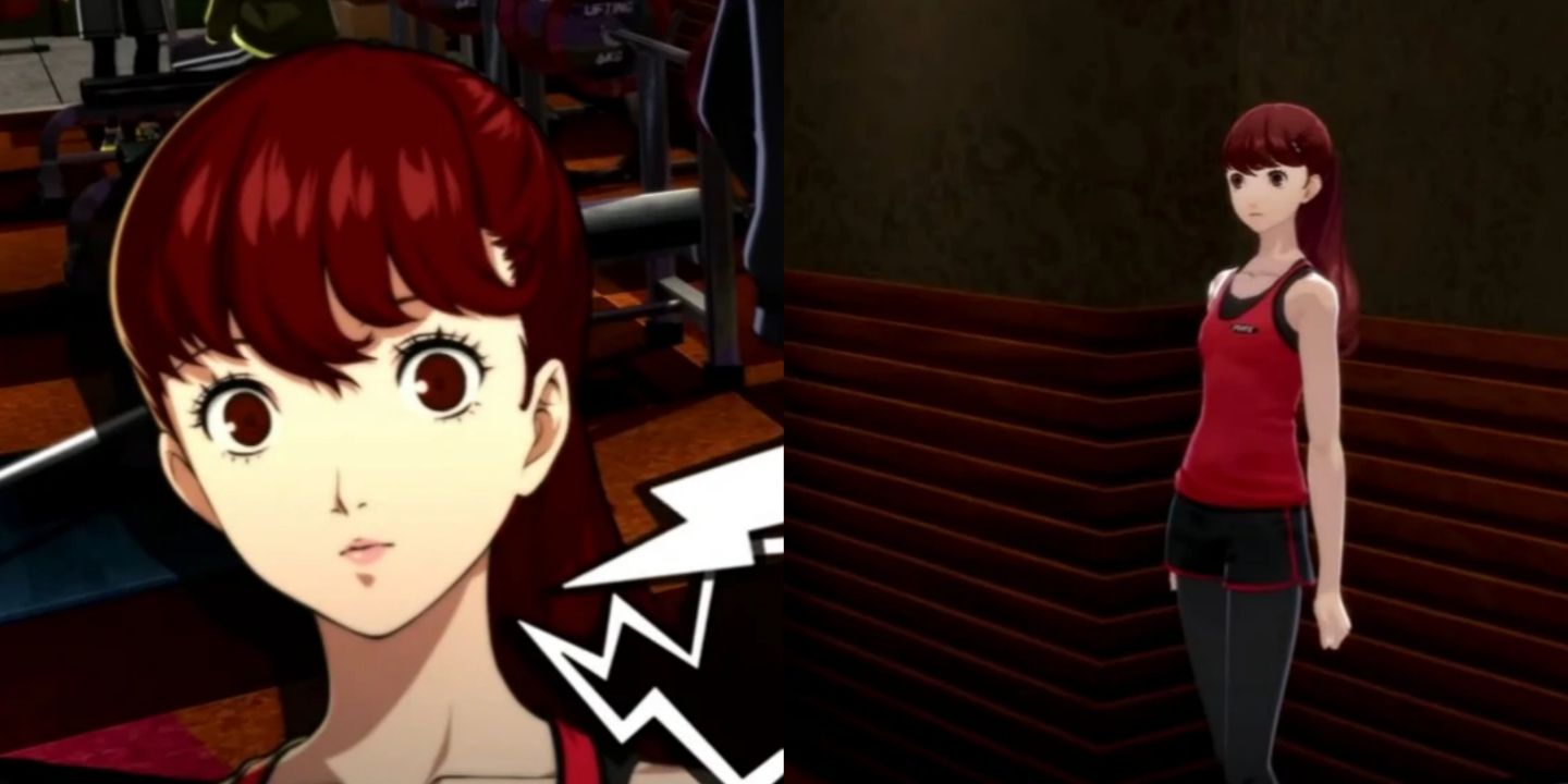 Sumire Yoshizawa character portait and Sumire Yoshizawa standing against a wall in Persona 5.