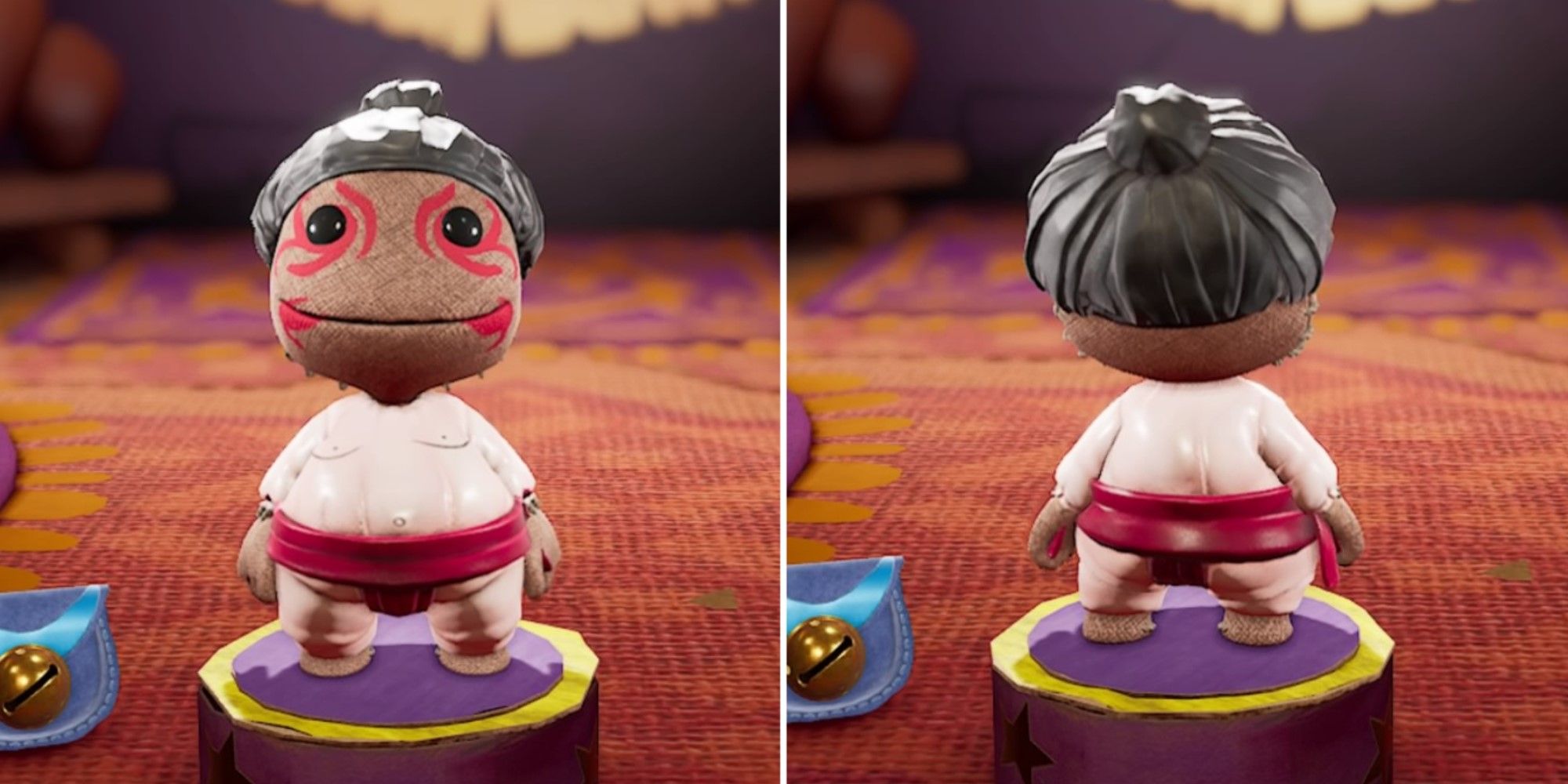 Two screenshots of the Sumo Wrestler Costume from Sackboy: A Big Adventure.