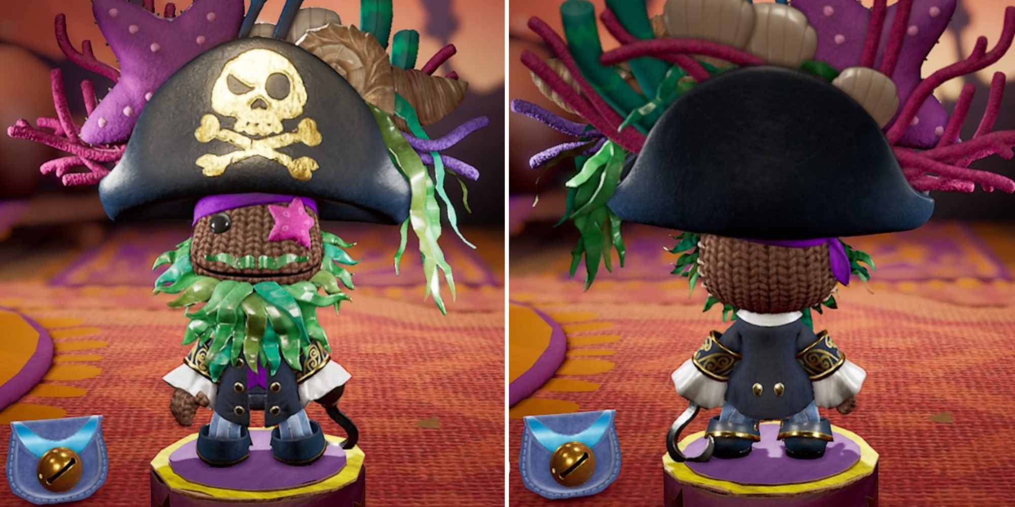 Two screenshots of the Sunken Pirate Costume from Sackboy: A Big Adventure.