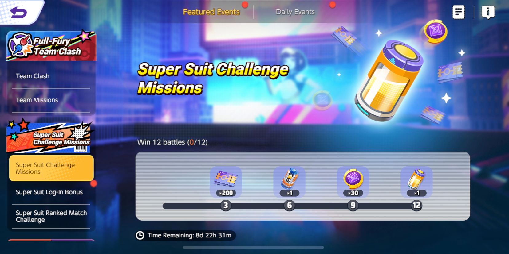 The Super Suit Challenge Missions screen showing the four different event rewards