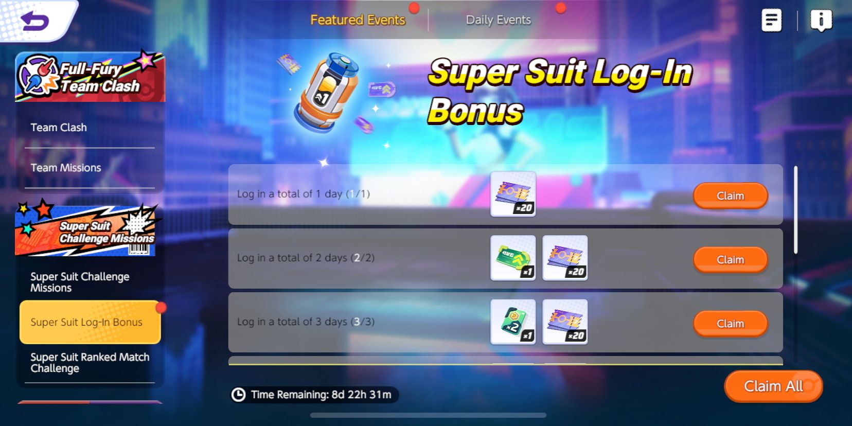 The Super Suit Log-In Bonus screen from Pokemon Unite, showing different log-in rewards