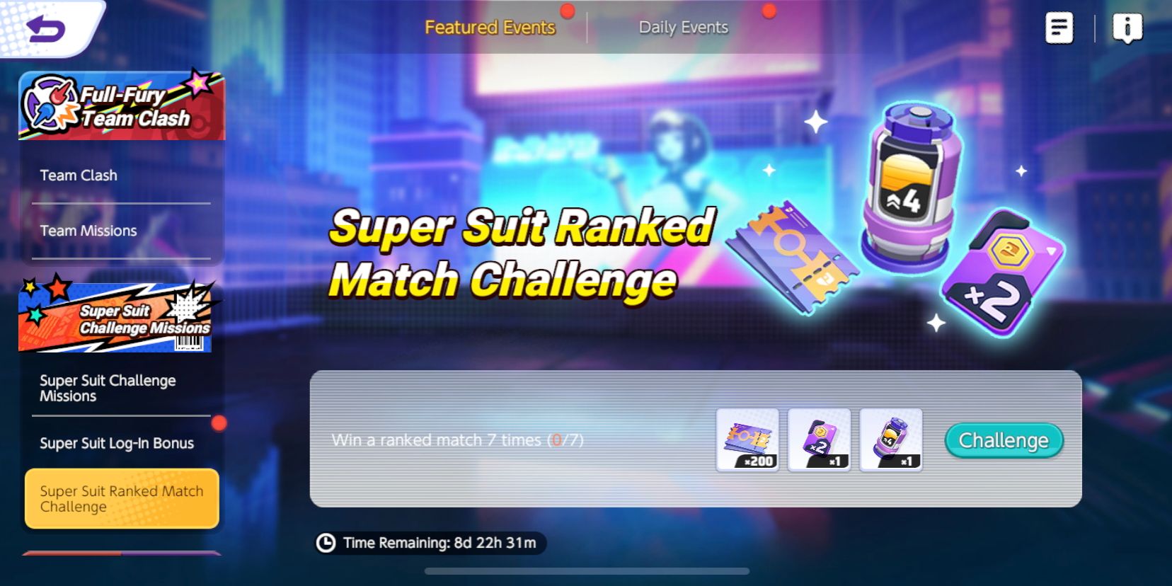 The Super Suit Ranked Match Challenge screen from Pokemon Unite, showing this event mission
