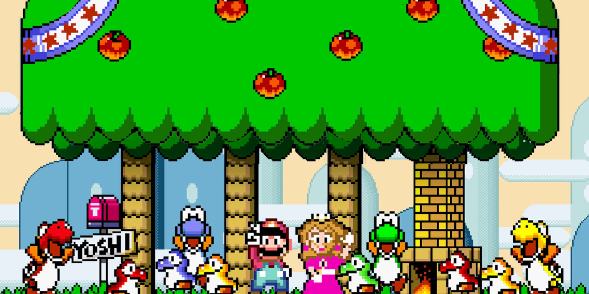 The cast of Super Mario World celebrates at the end of the game