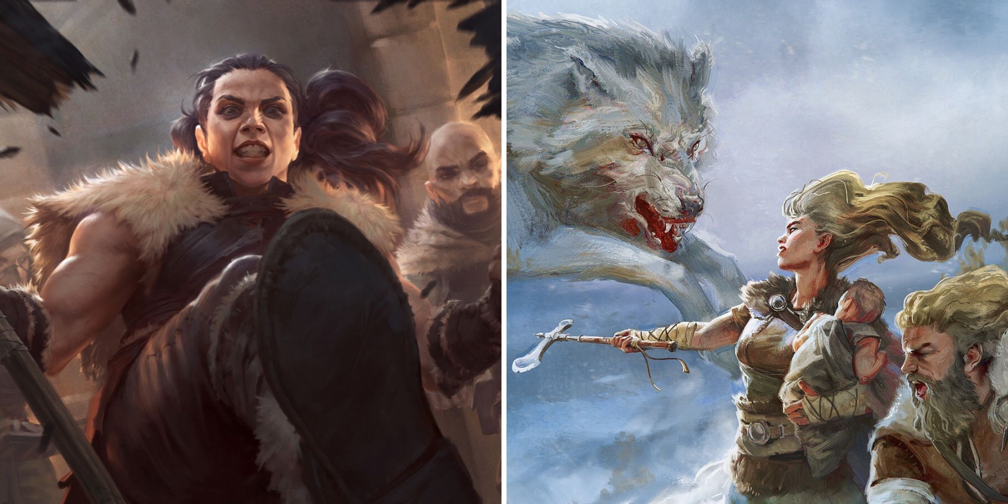 Split image showing adventurer breaking down a door on the left, barbarians ambushed by a wolf on the right