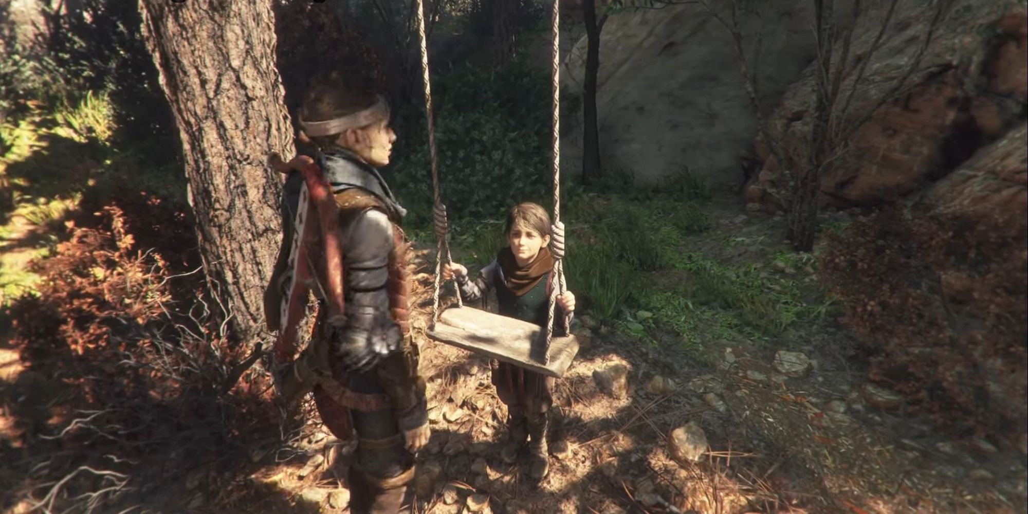 Amica de Rune and Hugo de Rune playing with swing in Plague Tale Requiem