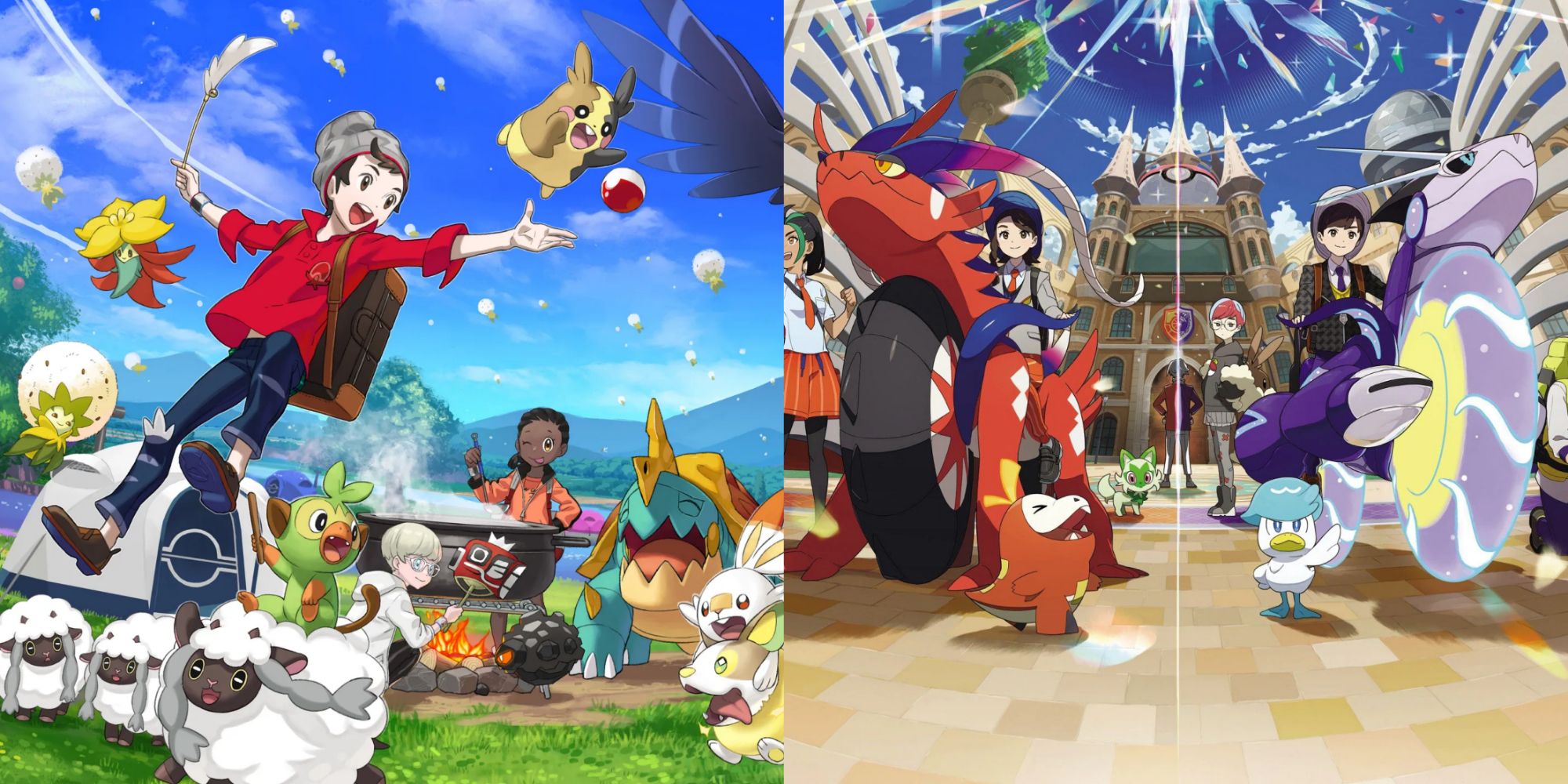 Pokemon Sword & Shield vs Scarlet & Violet with the main characters featuring the protagonist cooking with Galar Pokemon and the two legendaries with the starters in front of the academy
