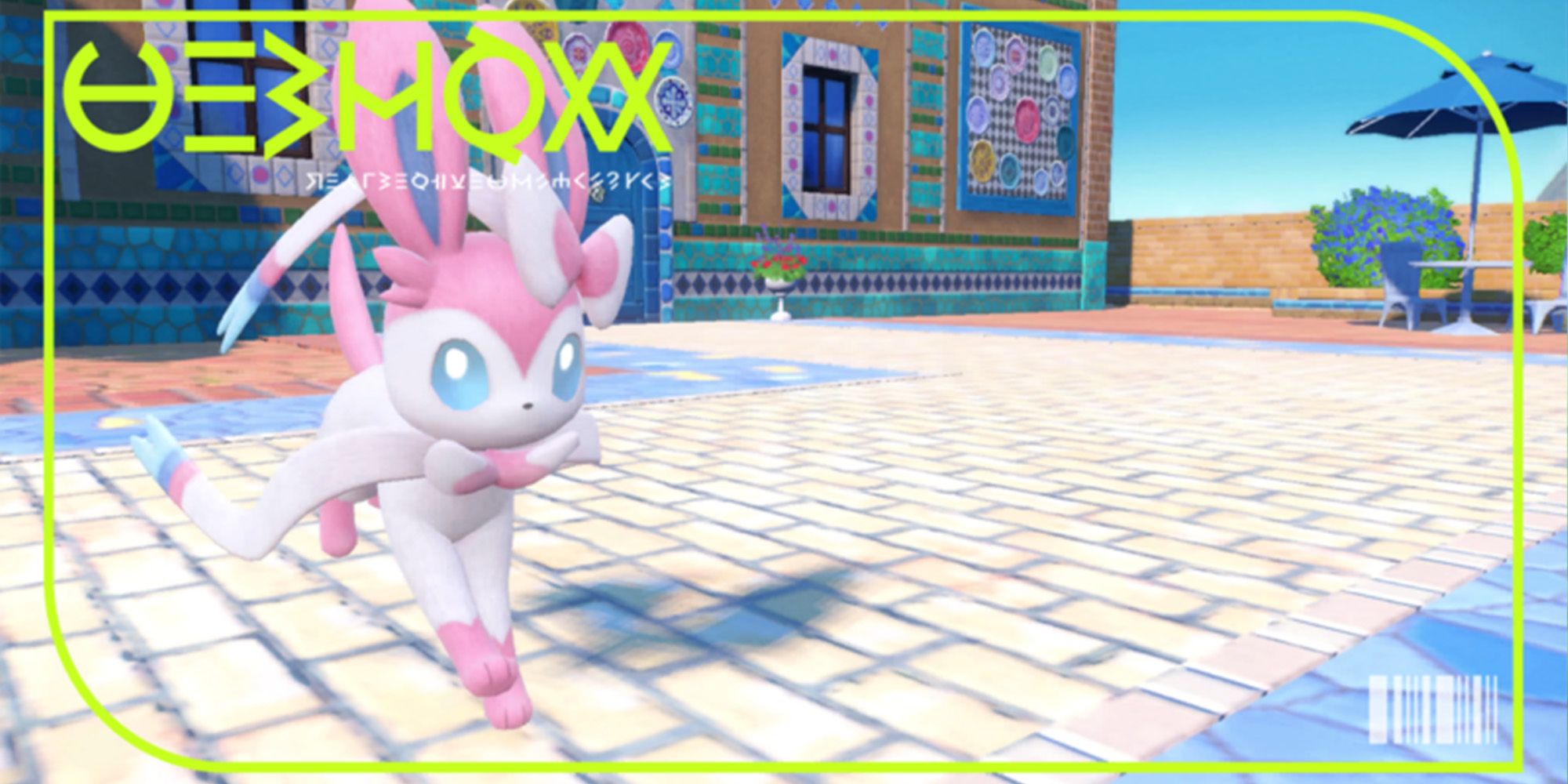 Sylveon Pokedex image in Scarlet Violet Pokedex of sylveon crossing the pavillion in the town square
