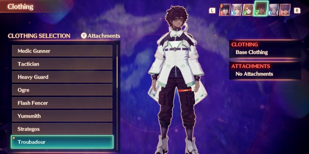 Taion wearing his Troubadour costume on the clothing selection screen in Xenoblade Chronicles 3