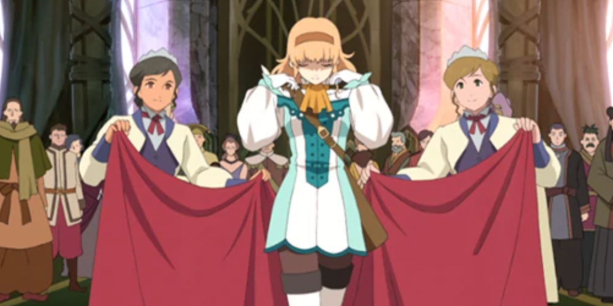 Tales of the Abyss - Natalia having her hood taken off by two maids