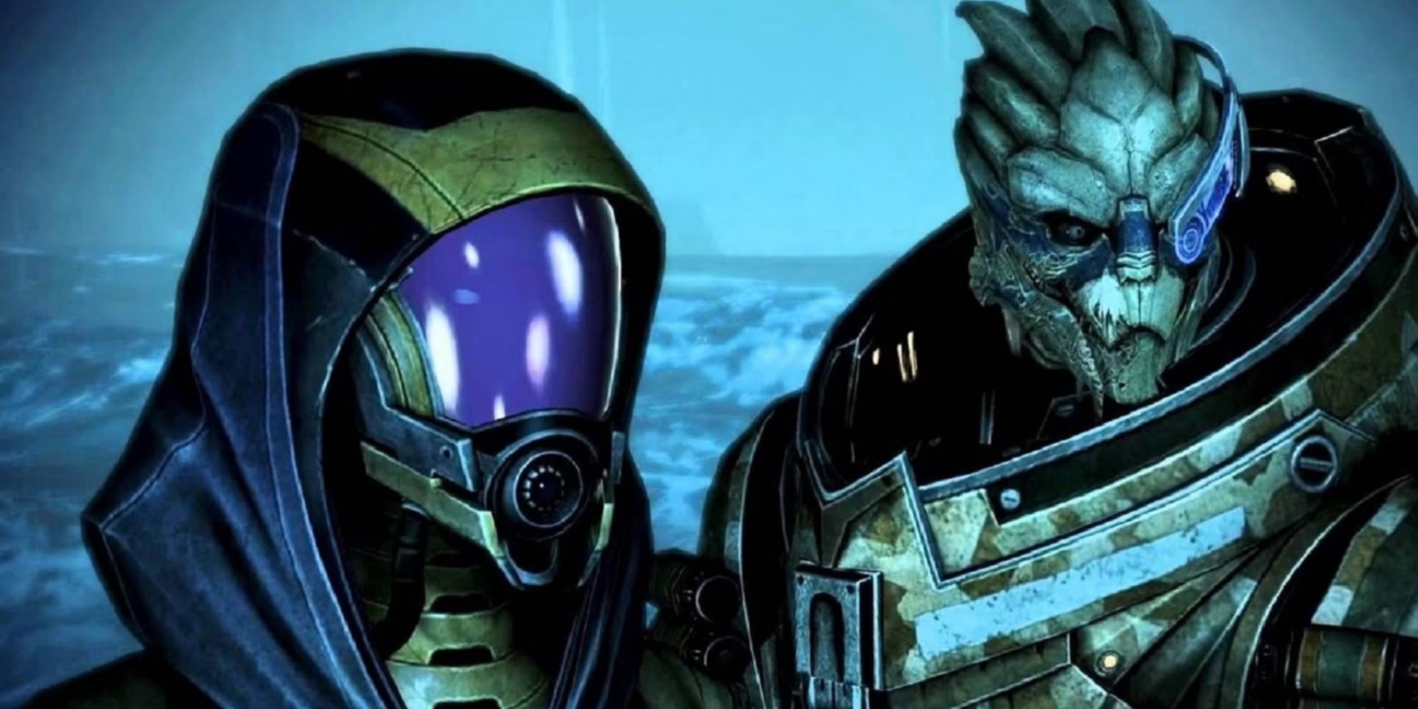 Tali, and alien covered in a purple space suit, stands next to another alien, Garrus. 