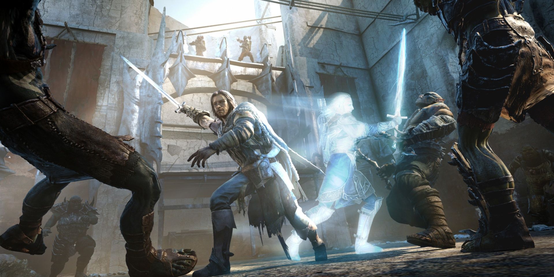 Talion fighting orcs in Shadow of Mordor