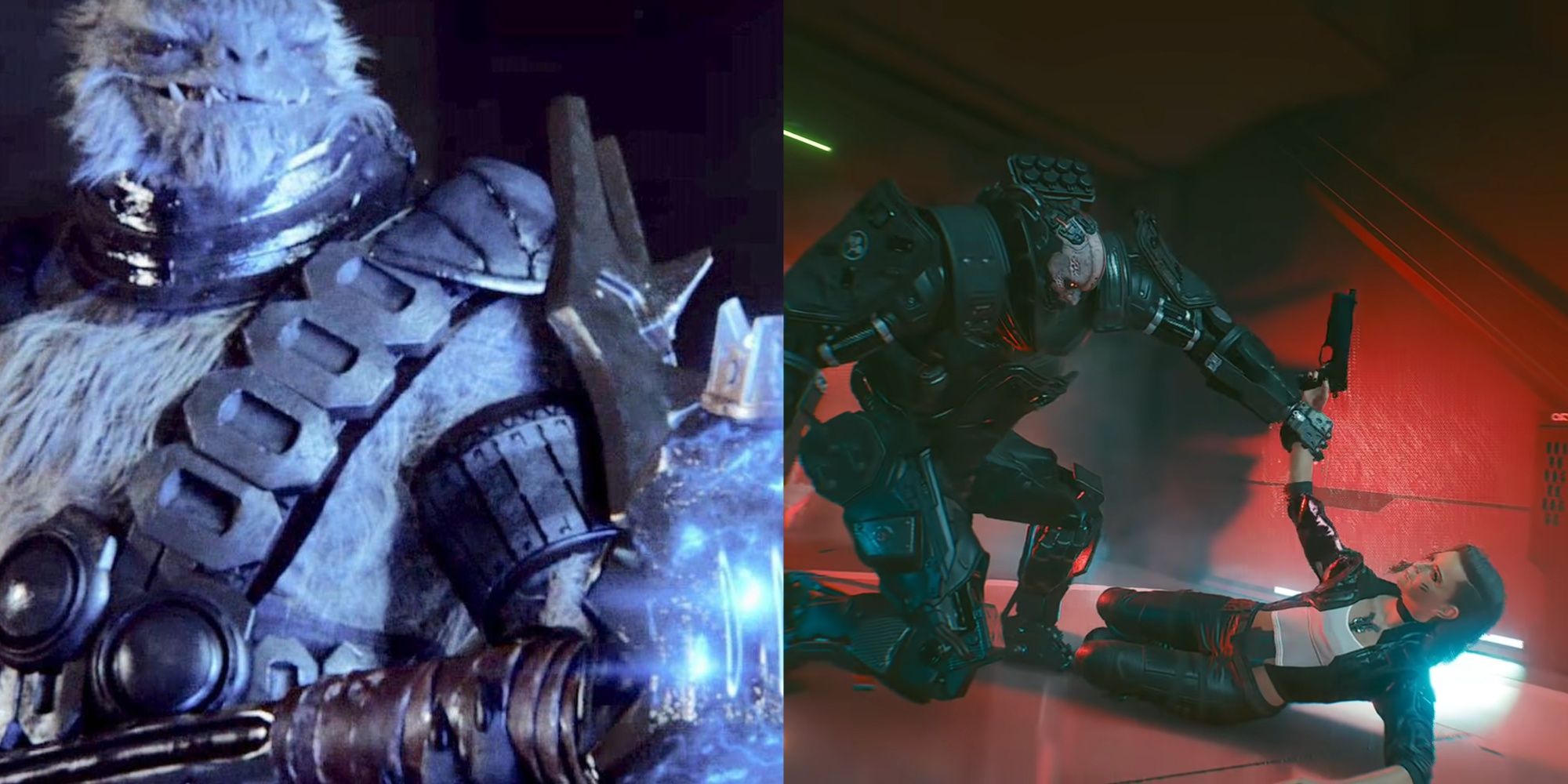 Tartarus from Halo 2 Anniversary and Adam Smasher fighting Rogue from Cyberpunk 2077.