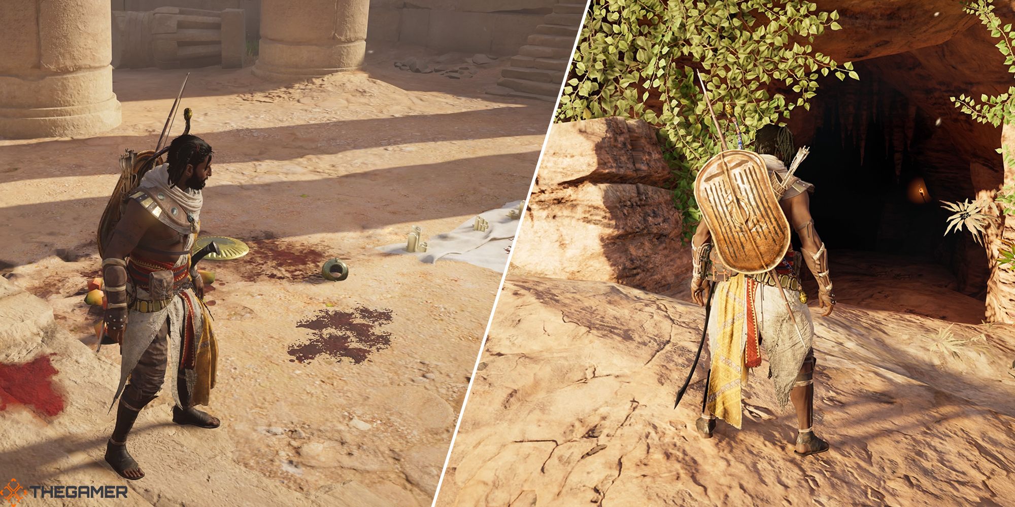 bayek near blood stains and a cave entrance split