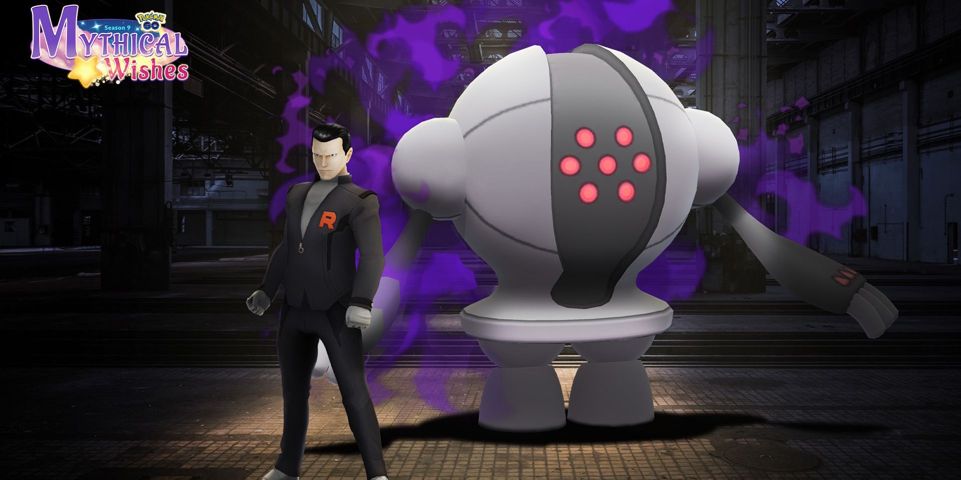 Giovanni from Team Go Rocket standing next to Shadow Registeel