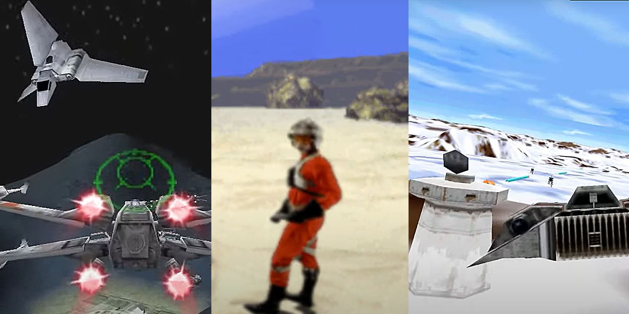 Split image showing screenshots of starships in Star Wars: Rogue Squadron, the player character in Rebel Assault, and a snowspeeder flying over a frozen landscape in Shadows Of The Empire