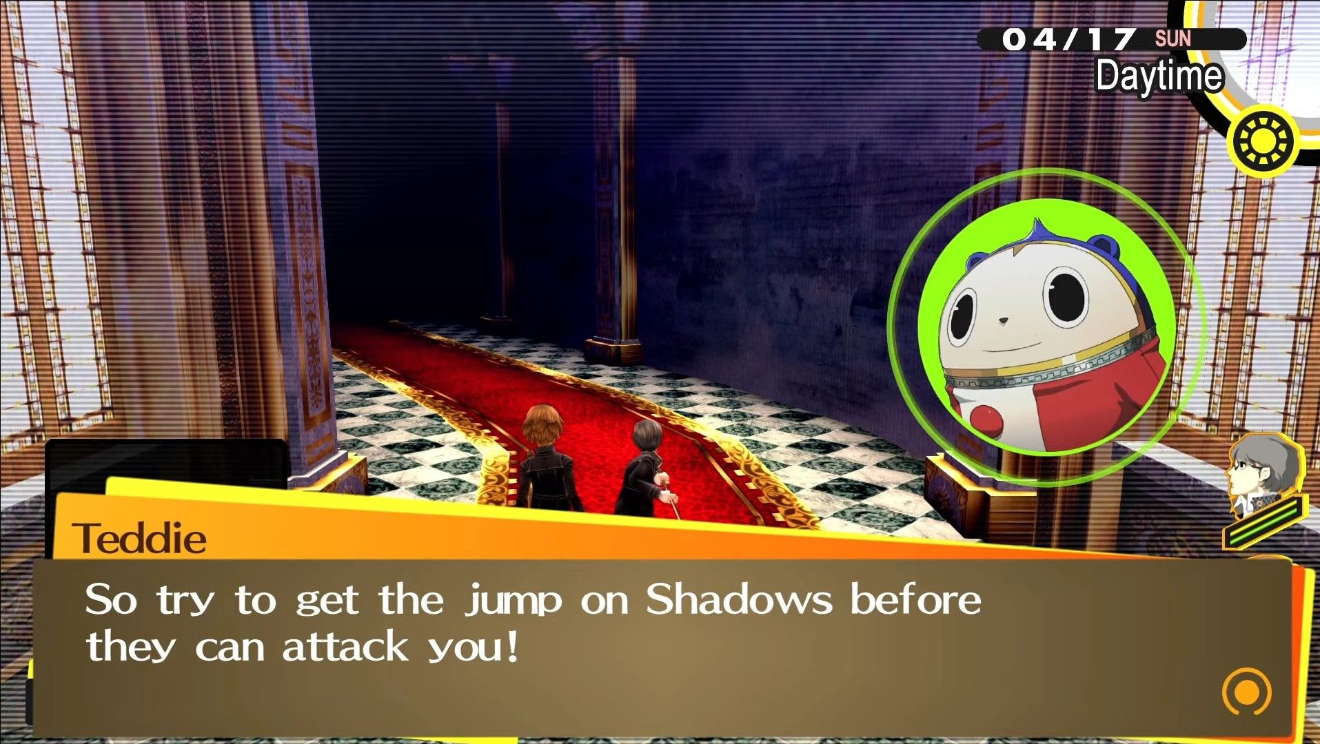 teddie explaining how to sneak up on shadows in yukiko's castle in persona 4 golden