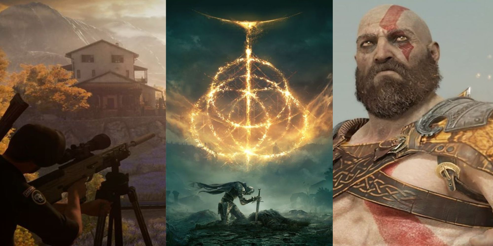 A collage showing screenshots of Hitman 3, Elden Ring, and God of War.