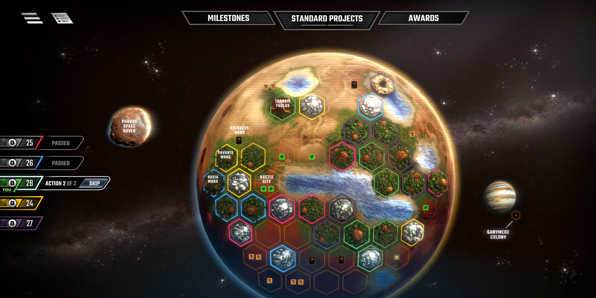 Screenshot from Terraforming Mars showing the grid system on the planet