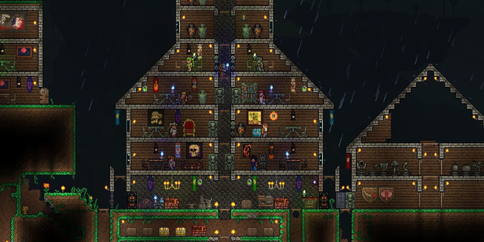 terraria large house filled with NPCs and furniture