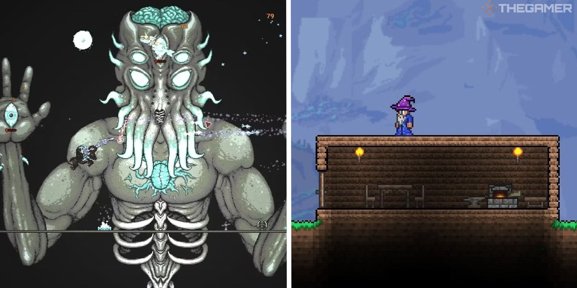 split image showing moon lord next to image of starter house