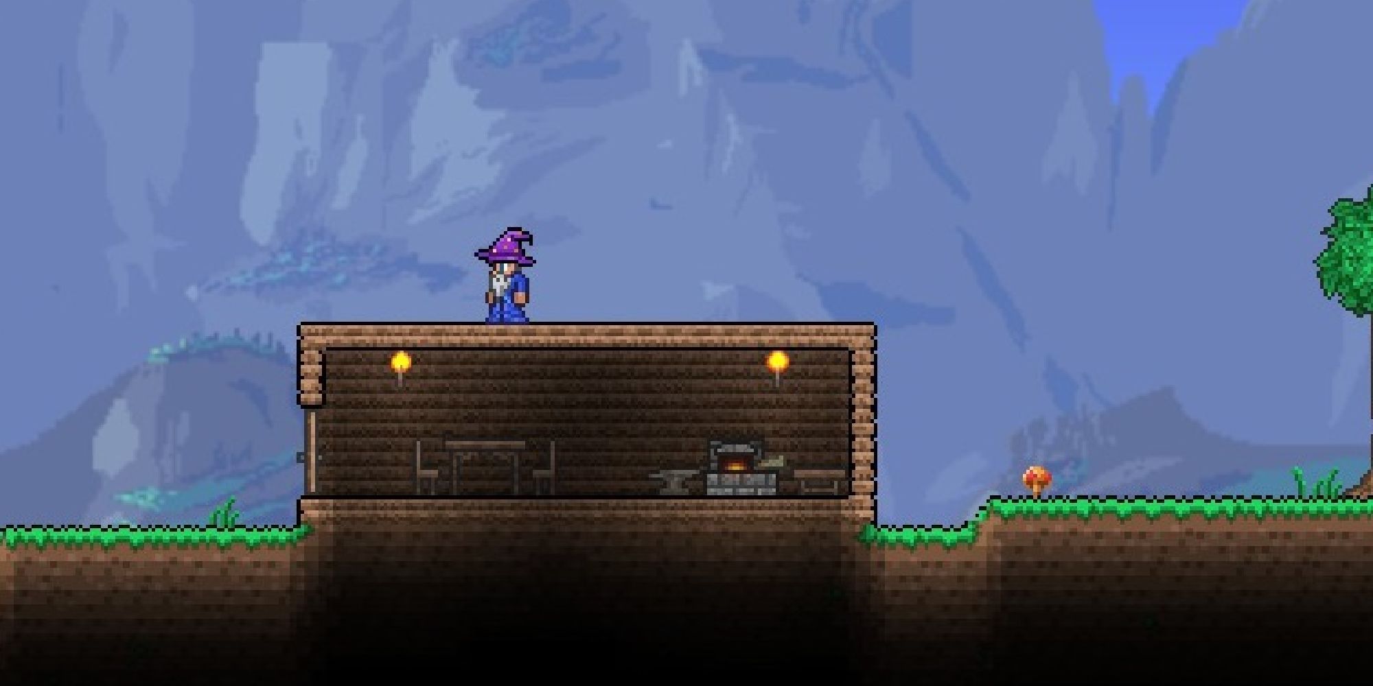 terraria starter house with mage type character standing on top