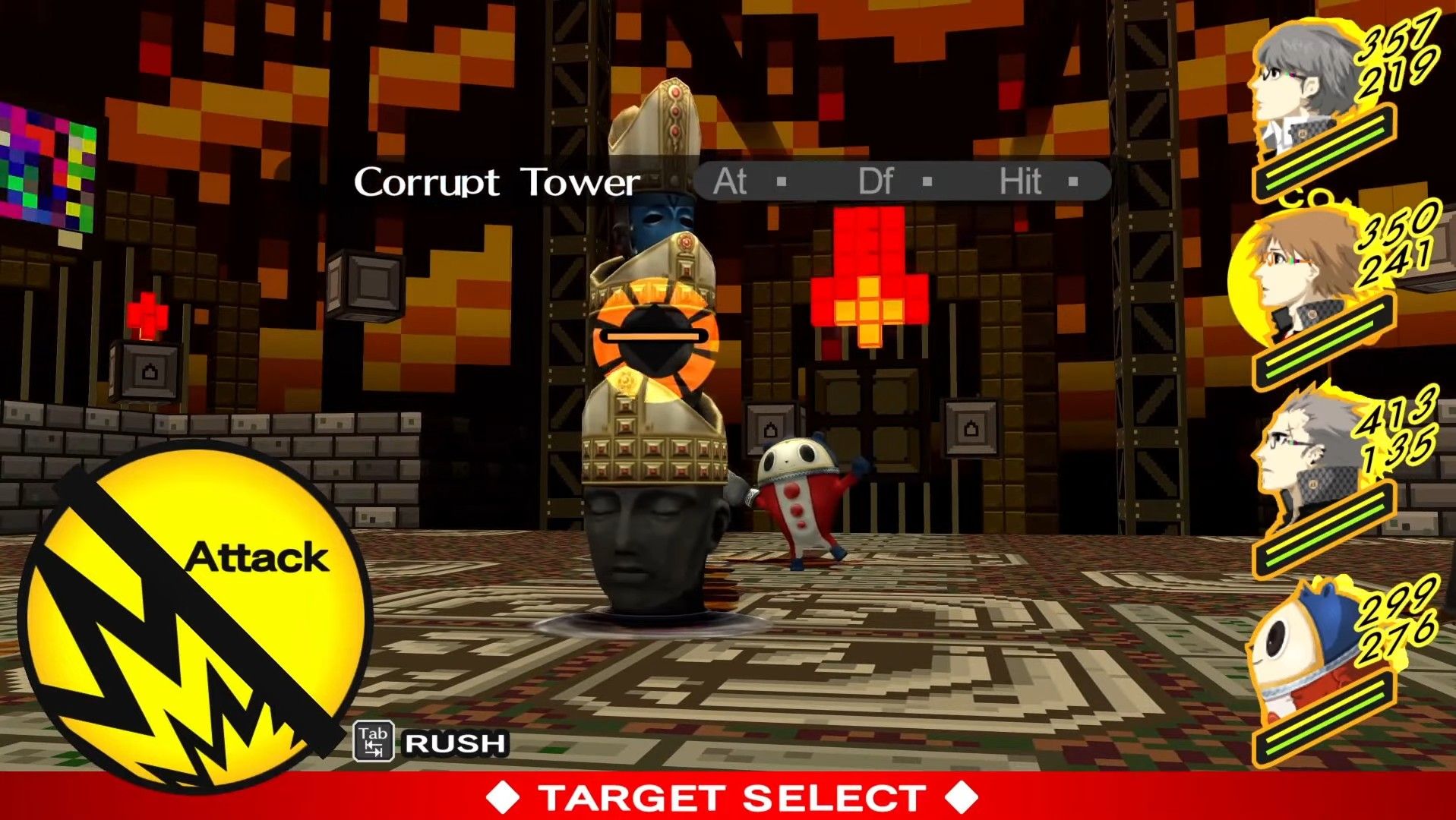 the corrupt tower shadow in battle with teddie in the background in void quest in persona 4 golden