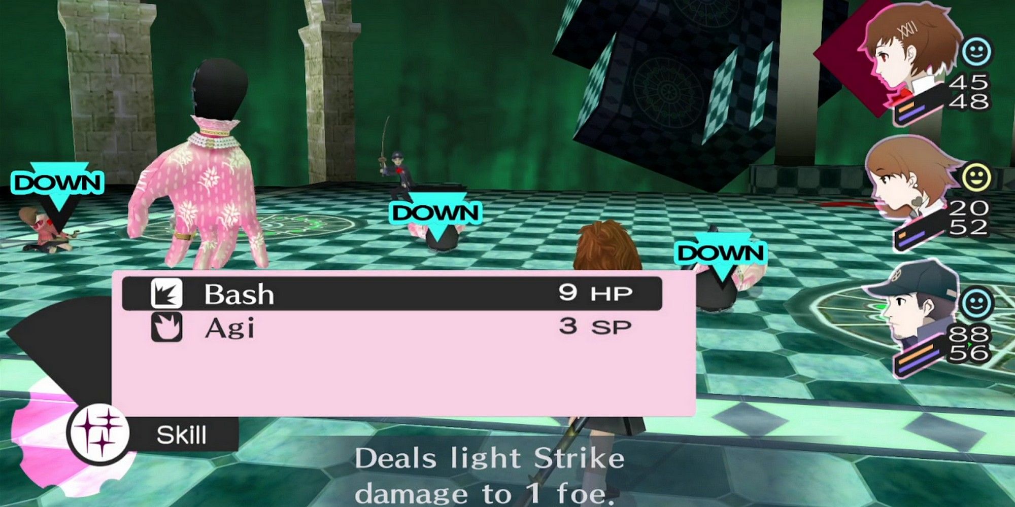 the female protagonist about to use bash on a dancing hand in persona 3 portable