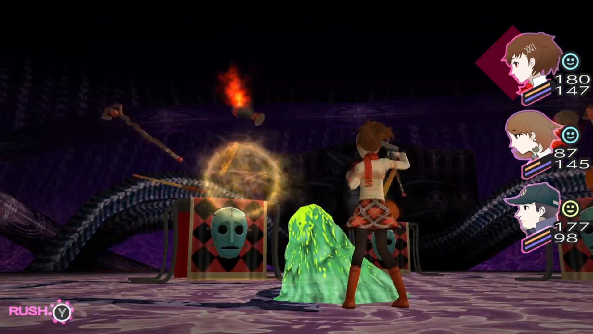 the female protagonist and slime attacking a crying table in persona 3 portable