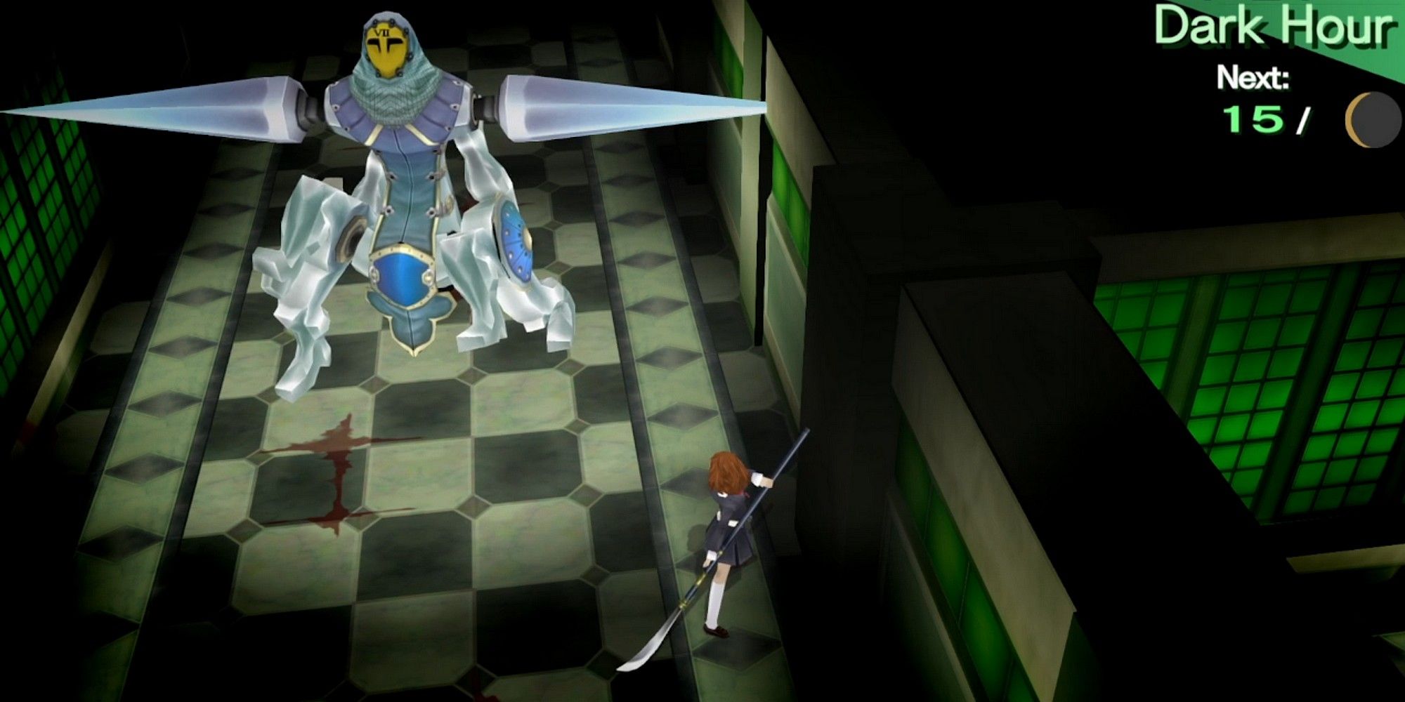 the female protagonist in the hallway with rampage hand in persona 3 portable-1