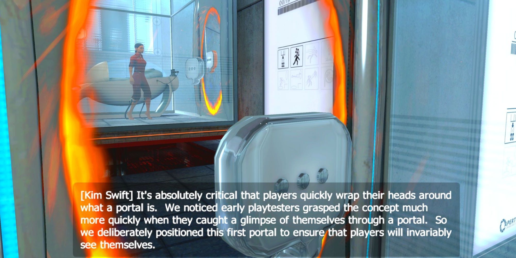 The first room of Portal with a commentary node from Kim Swift.