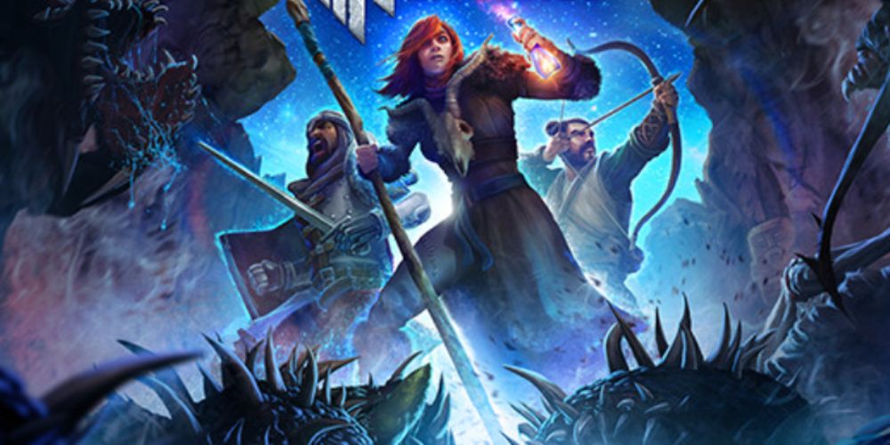 three adventurers face cosmic horrors in the cover image of The Hand Of Merlin