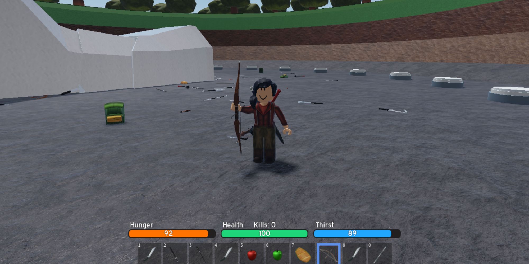 Roblox character standing in the arena holding an arrow