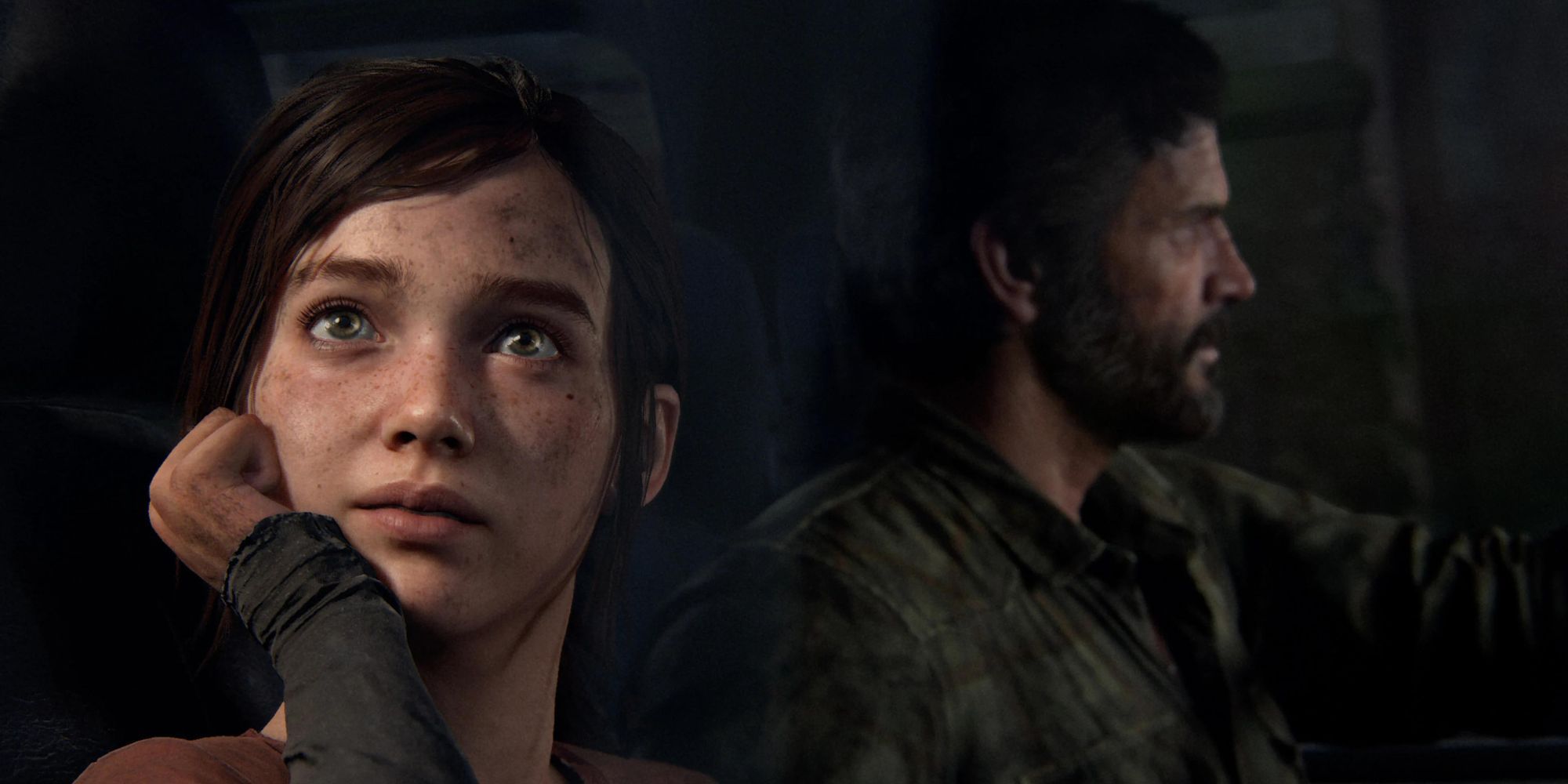 Ellie looks out the window of a car while Joel drives